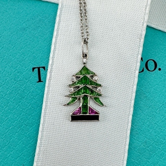 RARE Tiffany & Co. Platinum Christmas Tree Charm Necklace 16" - Picture 1 of 12